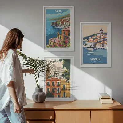 Set of 3 framed wall art pieces featuring city landscapes with buildings