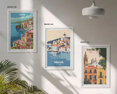 Set of 3 framed wall art pieces featuring city landscapes with buildings
