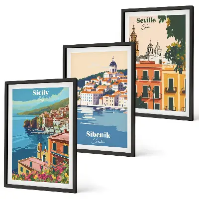 Set of 3 framed wall art pieces featuring city landscapes with buildings