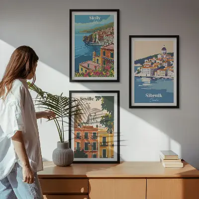 Set of 3 framed wall art pieces featuring city landscapes with buildings