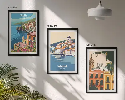 Set of 3 framed wall art pieces City landscapes with buildings