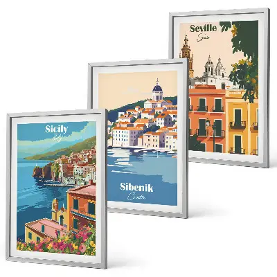 Set of 3 framed wall art pieces featuring city landscapes with buildings