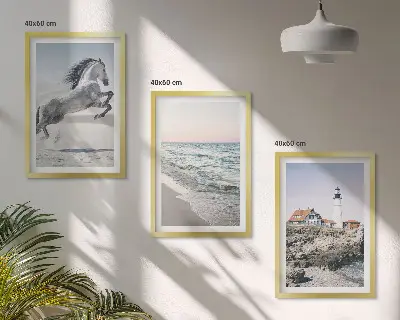 Wall art set featuring horses on a beach with a lighthouse and waves