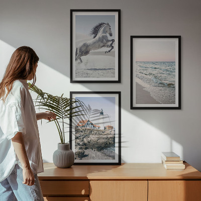 Wall art set Horses beach lighthouse waves