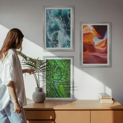 Three-piece wall art water movement in a green canyon forest