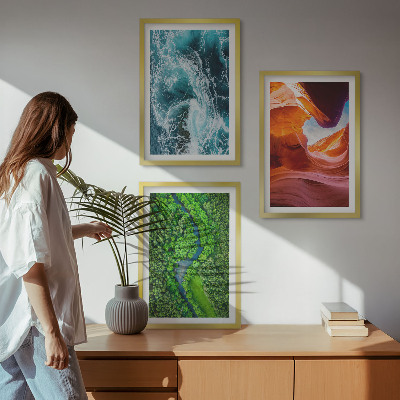 Three-piece wall art piece Water movement canyon green forest