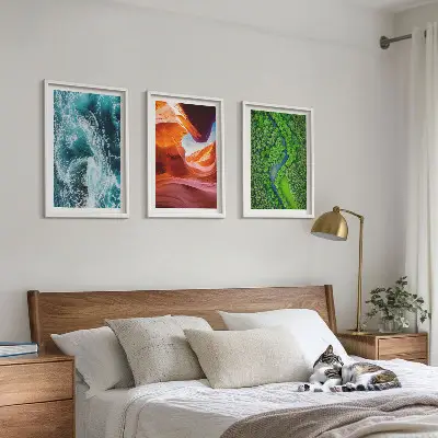 Three-piece wall art water movement in a green canyon forest