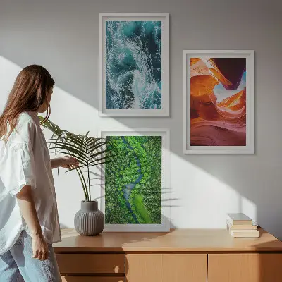 Three-piece wall art water movement in a green canyon forest