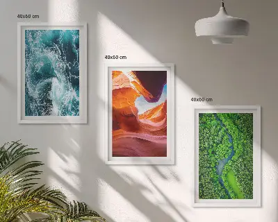 Three-piece wall art water movement in a green canyon forest