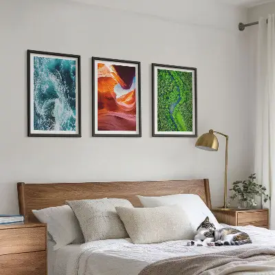 Three-piece wall art water movement in a green canyon forest