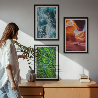 Three-piece wall art piece Water movement canyon green forest