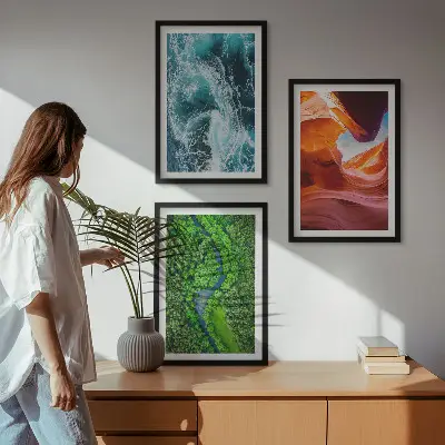 Three-piece wall art water movement in a green canyon forest