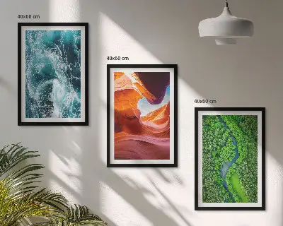 Three-piece wall art water movement in a green canyon forest