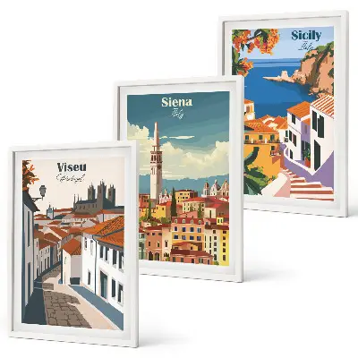 Set of 3 framed wall art prints featuring retro world city illustrations