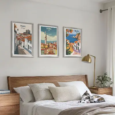 Set of 3 framed wall art prints featuring retro world city illustrations