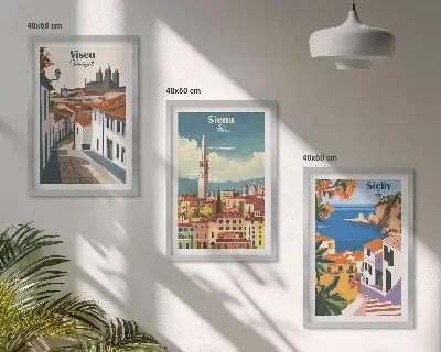Set of 3 framed wall art pieces Retro illustrations of world cities