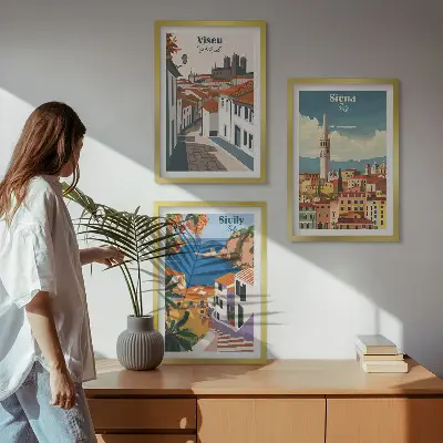 Set of 3 framed wall art prints featuring retro world city illustrations