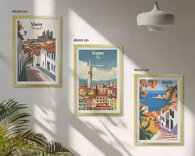 Set of 3 framed wall art pieces Retro illustrations of world cities