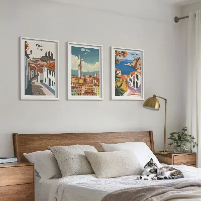 Set of 3 framed wall art prints featuring retro world city illustrations