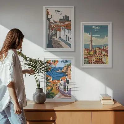 Set of 3 framed wall art prints featuring retro world city illustrations