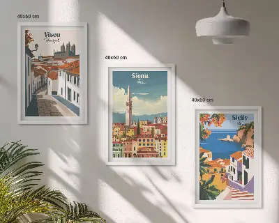 Set of 3 framed wall art prints featuring retro world city illustrations