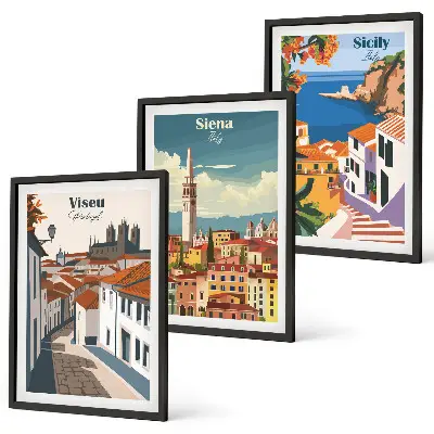 Set of 3 framed wall art prints featuring retro world city illustrations