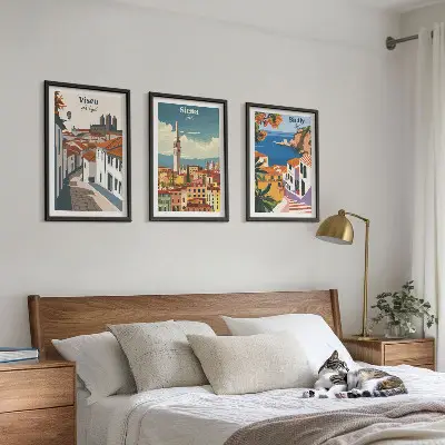 Set of 3 framed wall art prints featuring retro world city illustrations