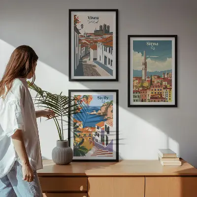 Set of 3 framed wall art prints featuring retro world city illustrations