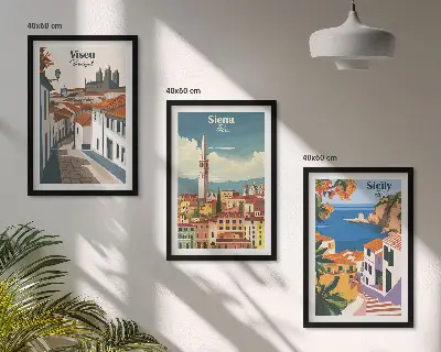 Set of 3 framed wall art prints featuring retro world city illustrations