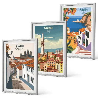 Set of 3 framed wall art prints featuring retro world city illustrations