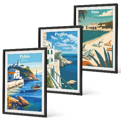 Three-piece coastal landscape wall art set scenic tourism photography prints