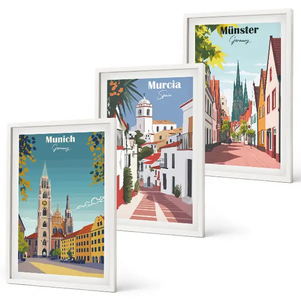 Three-piece wall art piece European cities in color drawings