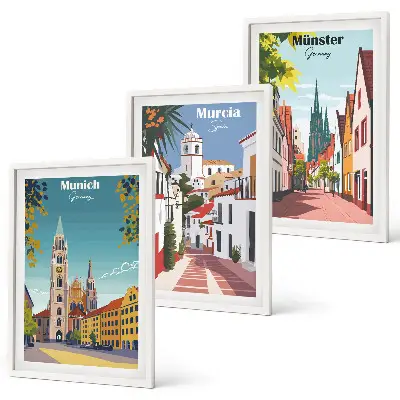 Three-piece wall art piece European cities in color drawings
