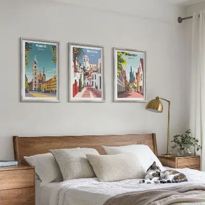 Three-piece wall art piece European cities in color drawings