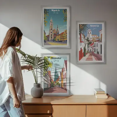Three-piece wall art set featuring colorful European city drawings