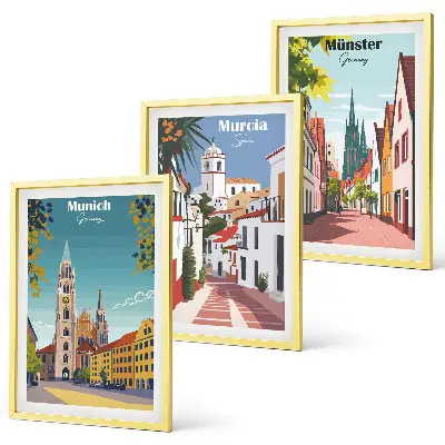 Three-piece wall art set featuring colorful European city drawings