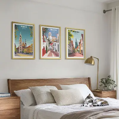 Three-piece wall art set featuring colorful European city drawings