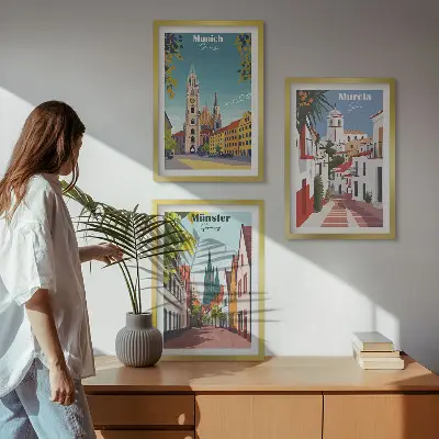 Three-piece wall art set featuring colorful European city drawings