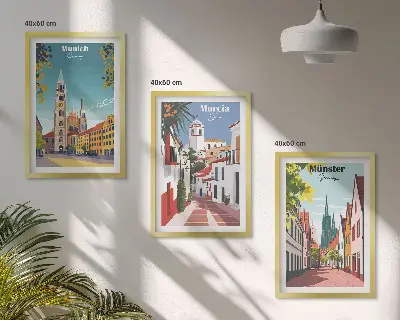 Three-piece wall art set featuring colorful European city drawings