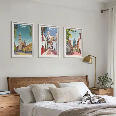 Three-piece wall art piece European cities in color drawings