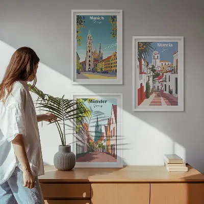 Three-piece wall art set featuring colorful European city drawings