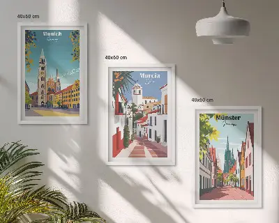 Three-piece wall art set featuring colorful European city drawings
