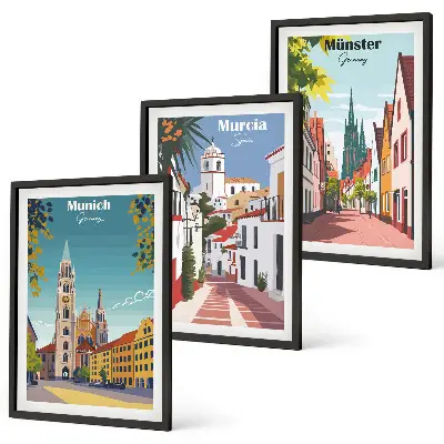 Three-piece wall art piece European cities in color drawings