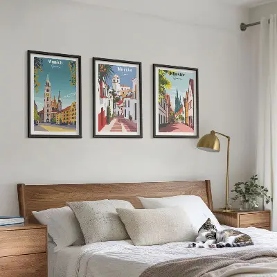 Three-piece wall art piece European cities in color drawings