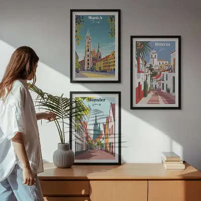 Three-piece wall art set featuring colorful European city drawings