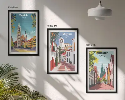 Three-piece wall art set featuring colorful European city drawings