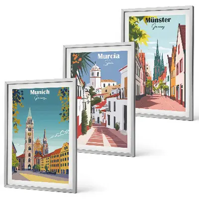 Three-piece wall art piece European cities in color drawings