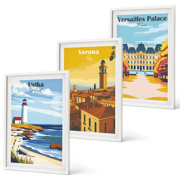 Set of 3 framed wall art pieces Views of places by the sea of cities