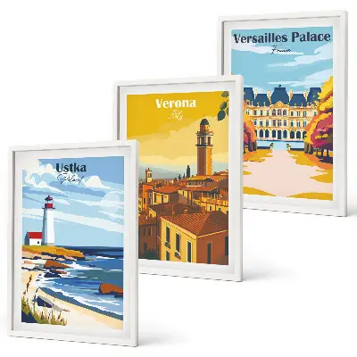 Set of 3 framed wall art pieces featuring coastal city views