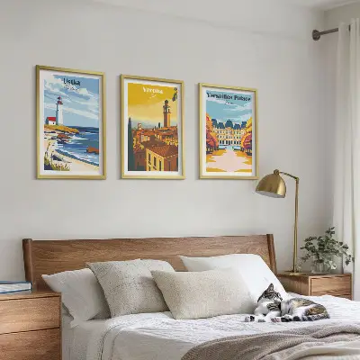 Set of 3 framed wall art pieces featuring coastal city views